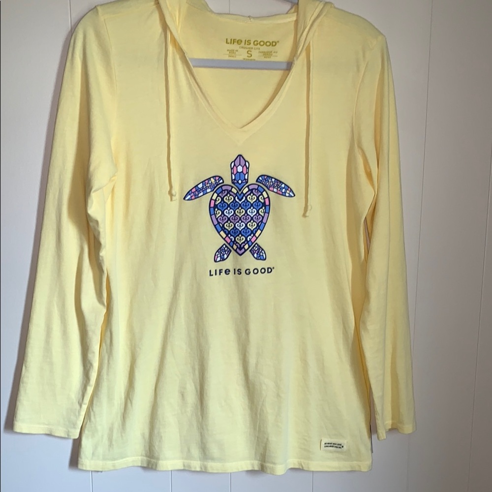 Life Is Good Yellow Hoodie with Turtle Design